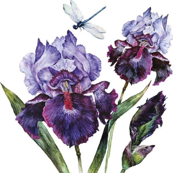 Watercolor Dragonfly & Iris Bouquet Fabric Panel - White Online Sale