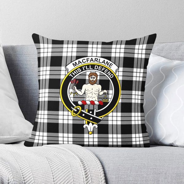 MacFarlane Black - White Tartan Crest Pillow Cover For Sale