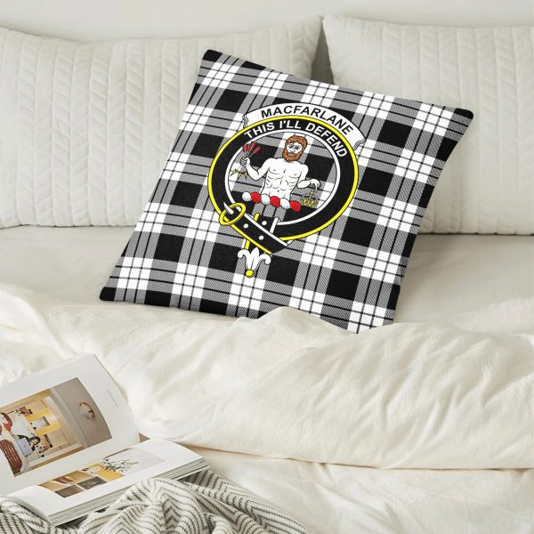 MacFarlane Black - White Tartan Crest Pillow Cover For Sale - Image 2