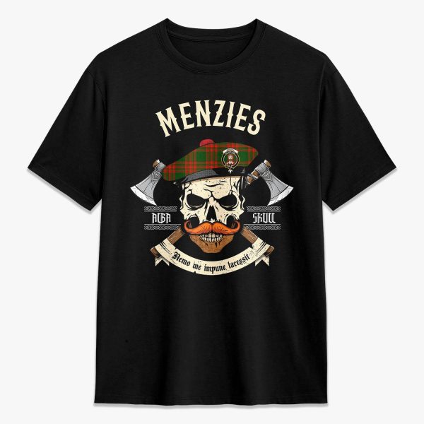 Menzies Green Modern Tartan Crest 2D T-shirt - Alba Skull Style Discount
