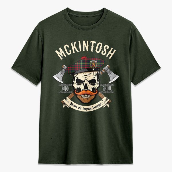 McKintosh Hunting Modern Tartan Crest 2D T-shirt - Alba Skull Style For Sale - Image 5