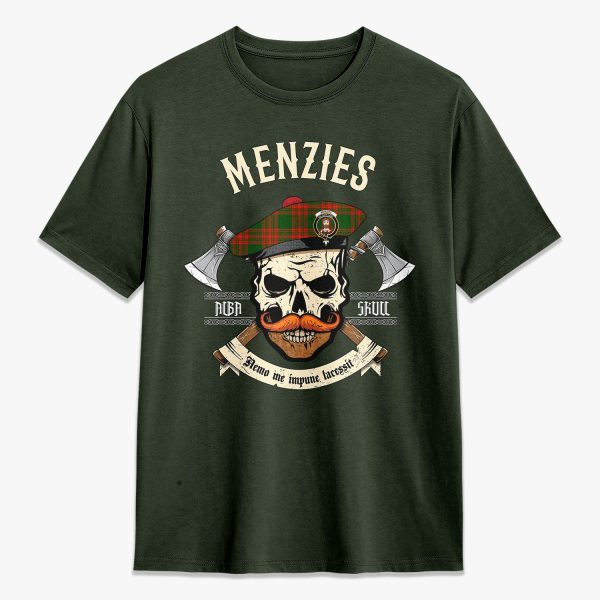 Menzies Green Modern Tartan Crest 2D T-shirt - Alba Skull Style Discount - Image 5